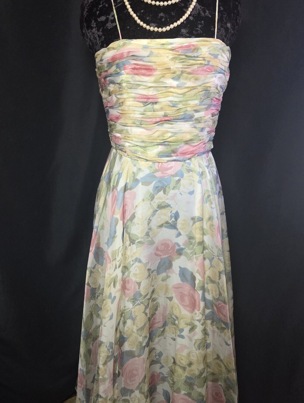 Gillian Strapless Floral Midi Dress in Pink, Blue and Cream